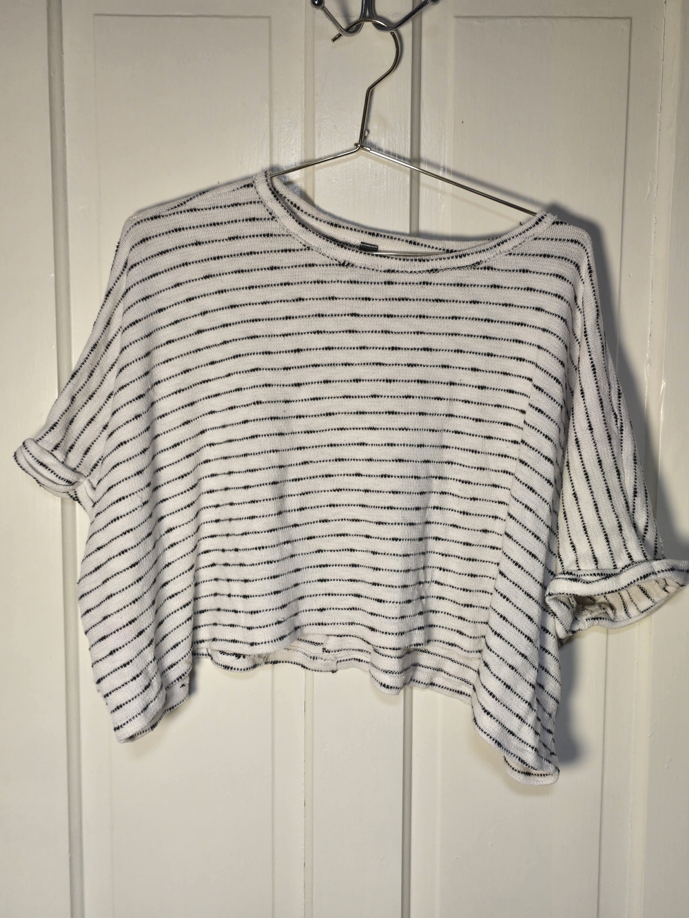 Alya White Crop Top with Black Stripes - Oversized Flowy Shirt - Small